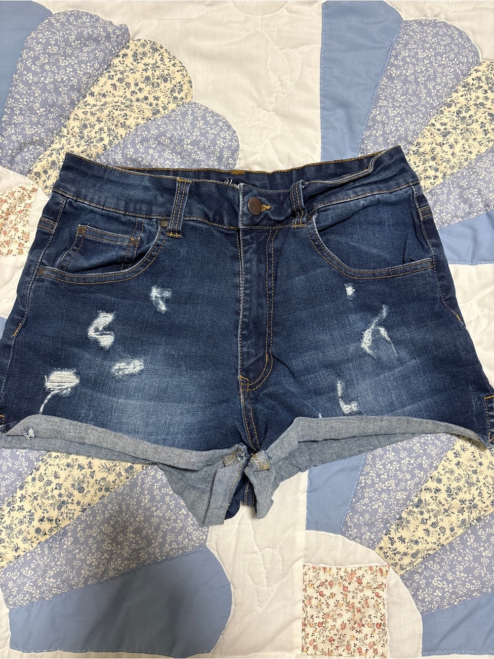 Dark Blue Distressed Denim Shorts - Women